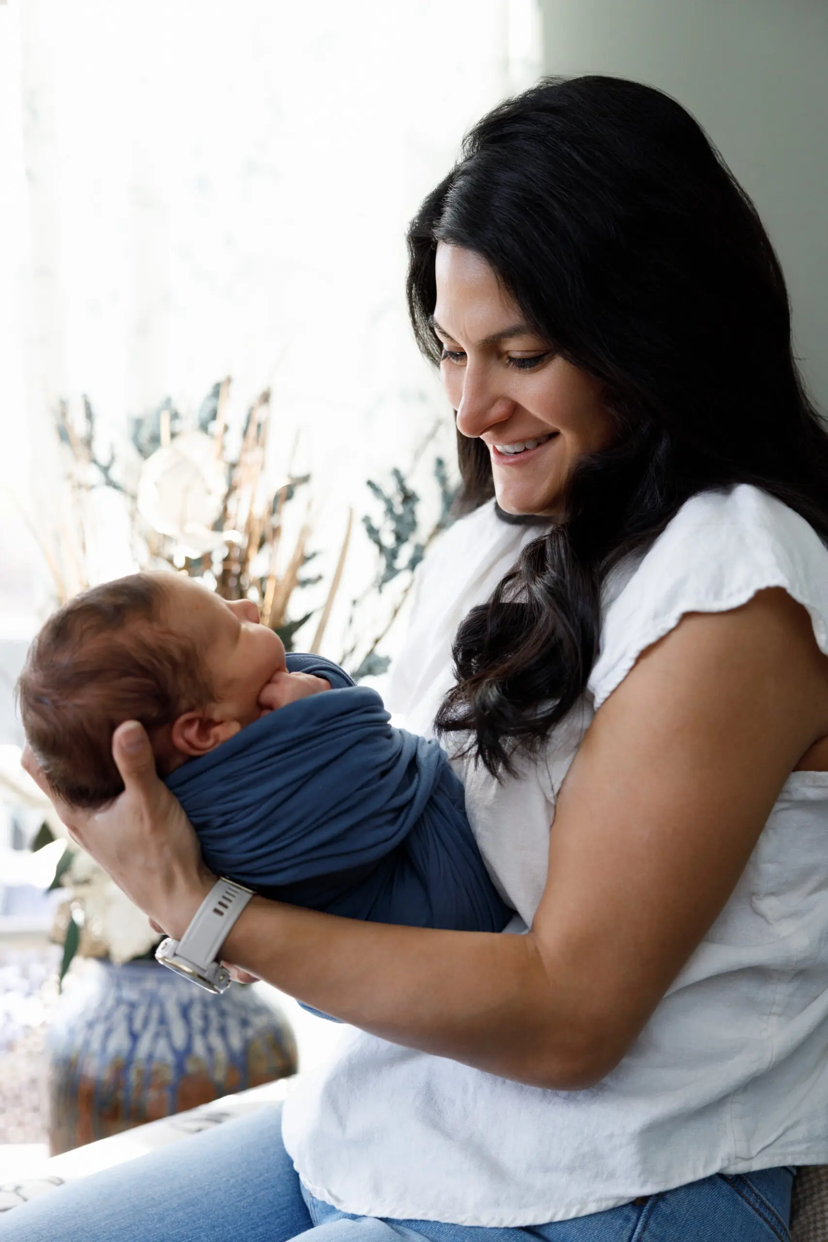 mom and baby in home newborn photo